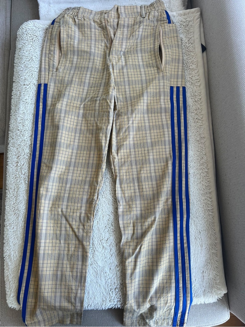 Adidas - Men's Beige Plaid Track Pants with Blue Side Stripes